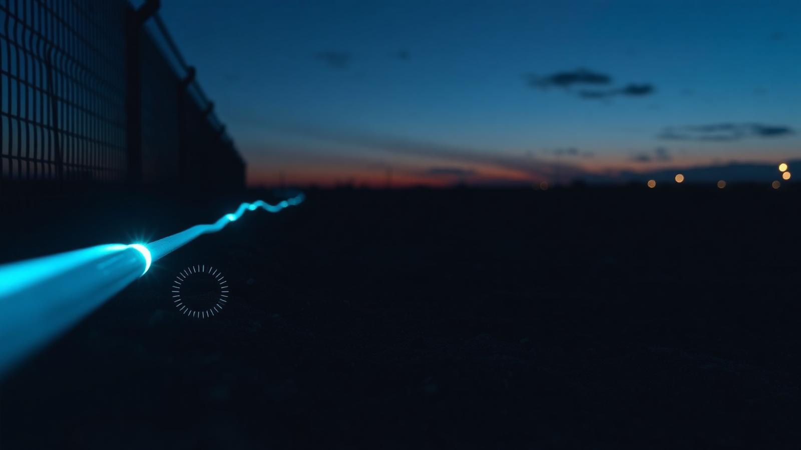 Fiber-optic perimeter sensing along a military base fence at dusk