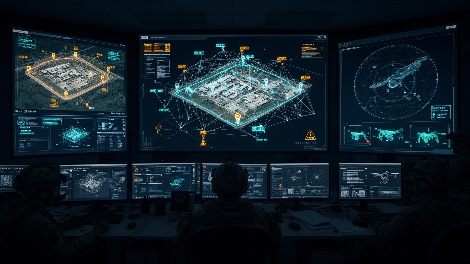 Military command center with AI sensor fusion neural network overlay